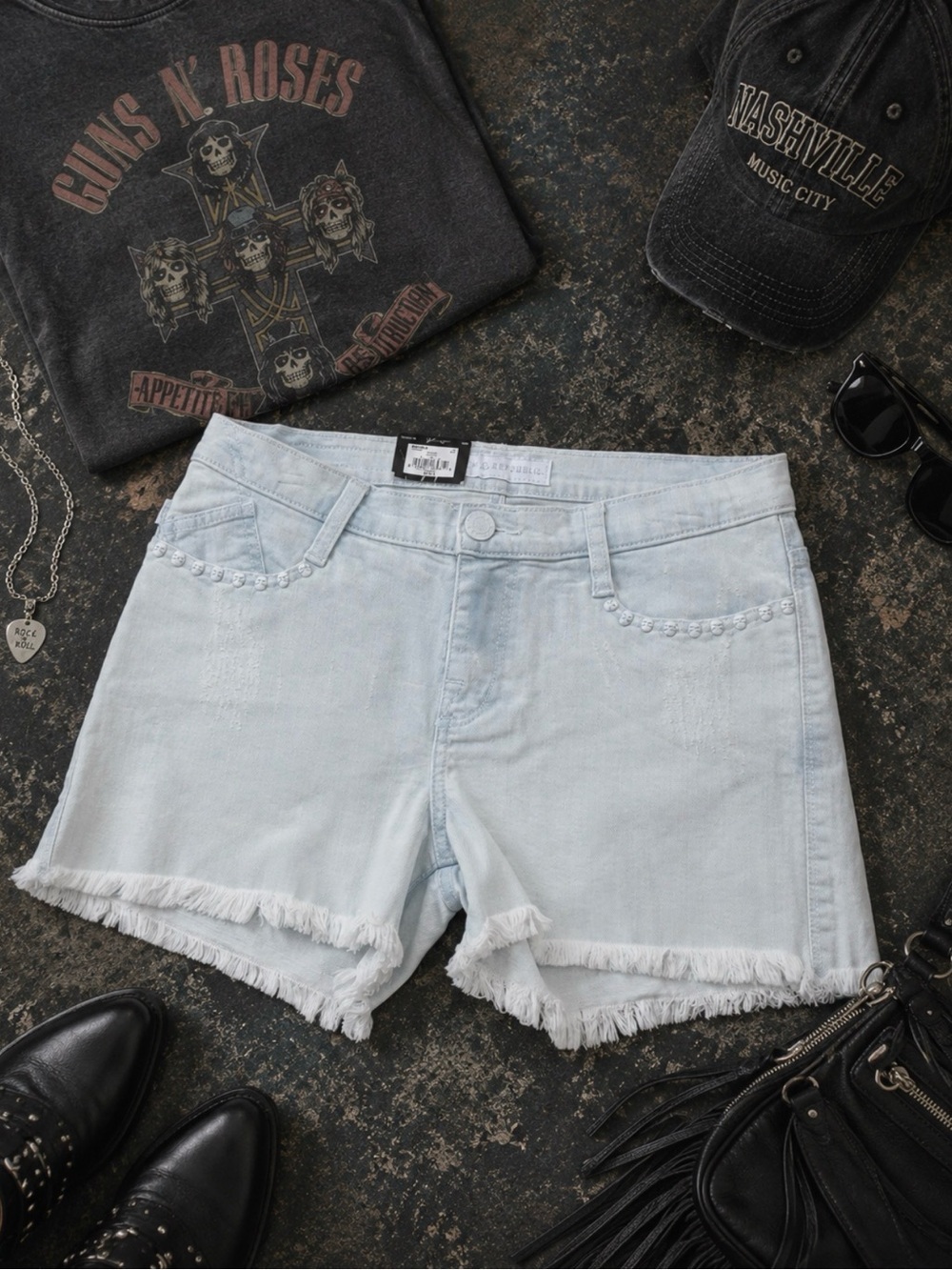 Skull Studded Frayed Bleached Denim Shorts